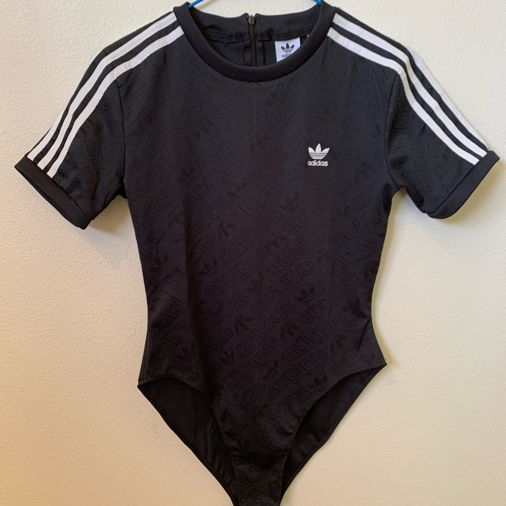 Adidas body suit black with white stripes. Size Small.